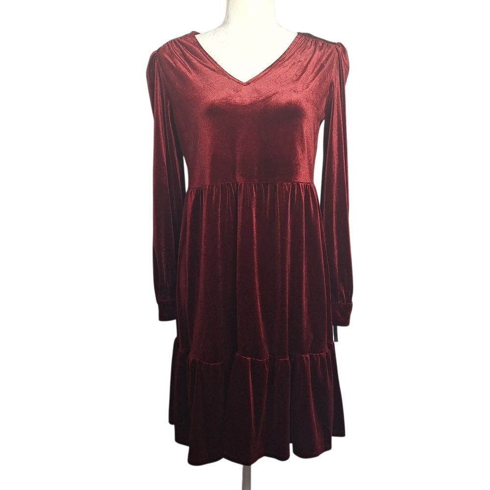 Studio One Velvet Tiered Dress Burgundy Festive Holiday Party Small Womens